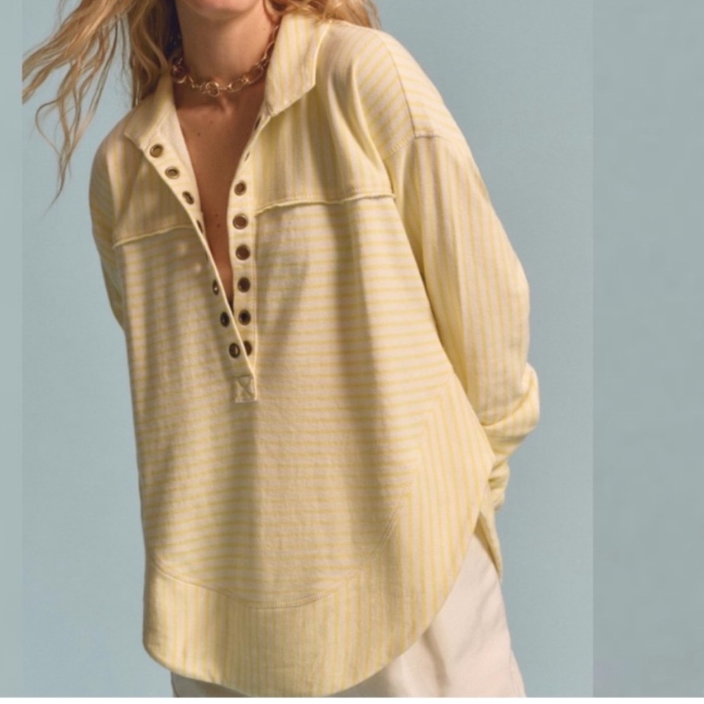 Pilcro Anthropologie yellow white stripe spliced Henley top sz xs LIKE NEW - Picture 1 of 7